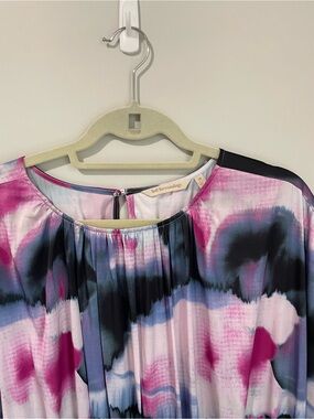 Soft Surroundings Pink, Blue & Black Watercolor Pleated Midi Dress